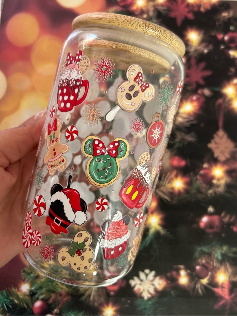 Mickey and Minnie gingerbread Christmas Cookie Glass Cup 13oz Bamboo Lid Holiday